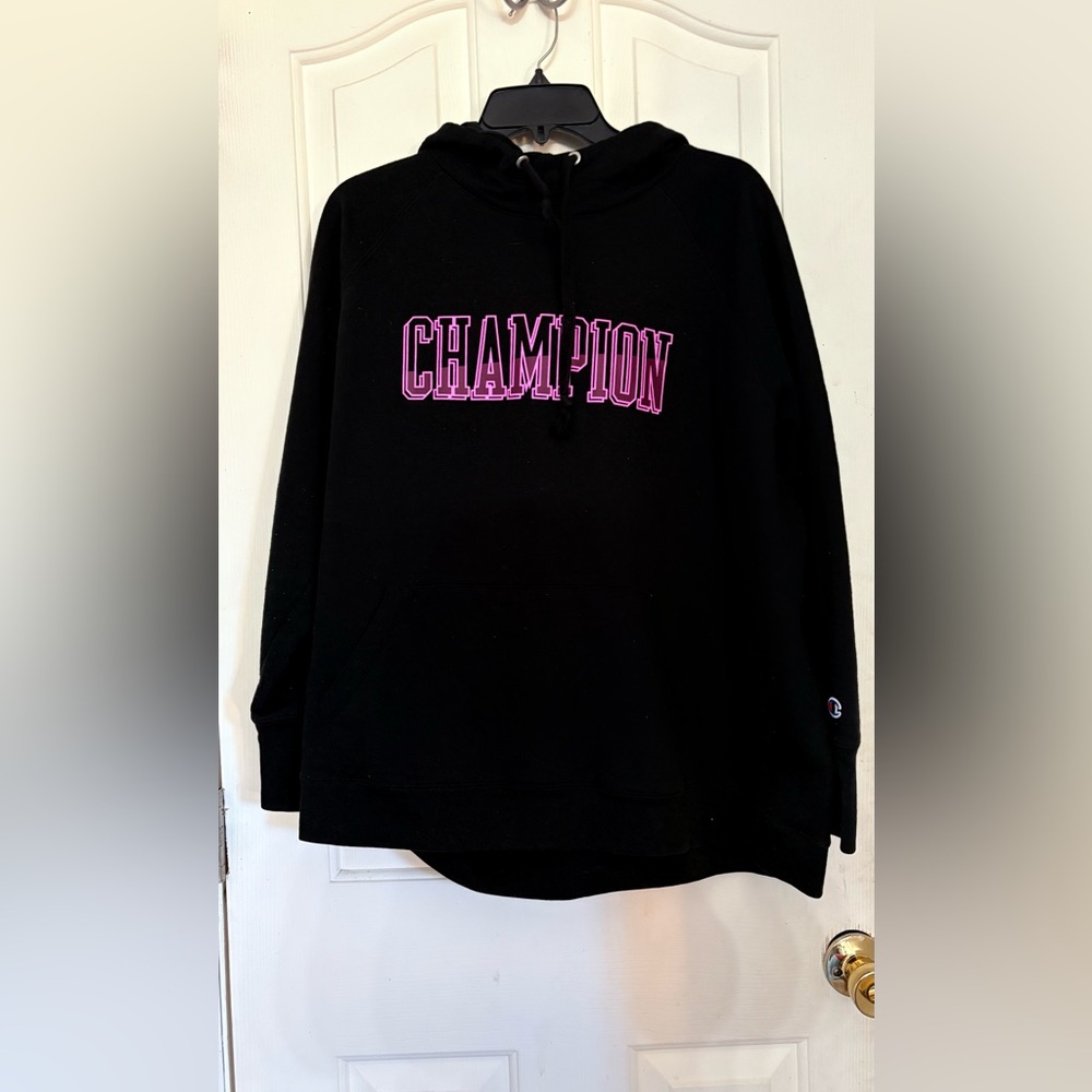 Champion Hoodie with Pink Lettering
